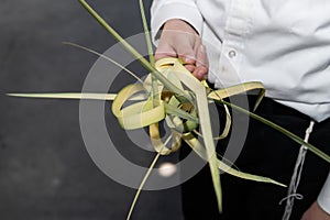 Strands of palm leaves tied into special knots made to bind the lulav or palm frond used in the ritual observance of the Jewish photo