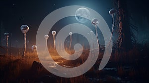 Strange alien world with glowing silvery fungi growing in the wet misty landscape. Weird extraterrestrial flora. Generative AI