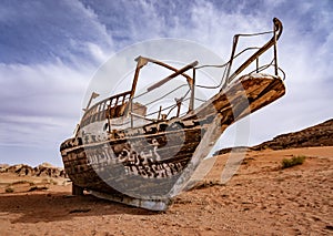 Strange Boat Stuck on Sand Hundres of KM From Nearest Water in Wadi Rum Jordan