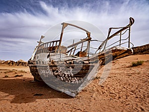 Strange Boat Stuck on Sand Hundres of KM From Nearest Water in Wadi Rum Jordan