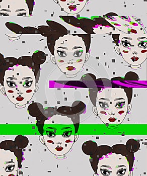 strange collage with noises and interferences. many identical female heads, a portrait of one unusual girl, with a funny hairstyle