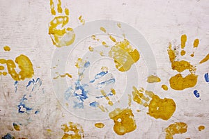 Strange Colorful Hands Prints Over White Background.