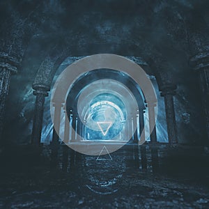 Dark Temple With Glowing Triangle