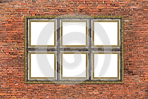 Strange empty golden frame over brick wall