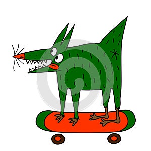 Strange green dog on the skateboard