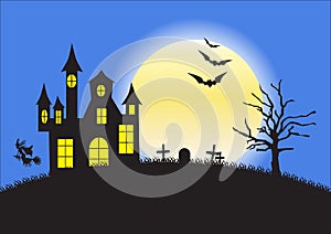 Strange house, graveyard and bats on background of the full moon