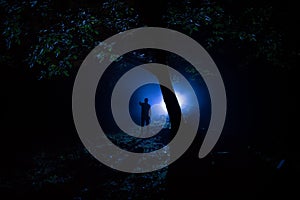 strange light in a dark forest at night. Silhouette of person standing in the dark forest with light. Horror halloween concept.