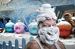 Strange man with covered shaving foam face