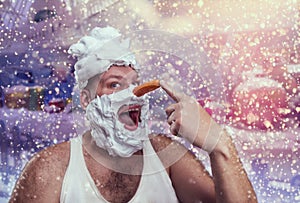 Strange man with shaving foam pointing at his nose