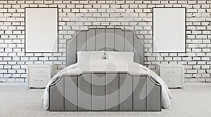 Strange modern design bedroom, brick wall, lack of color, black and white