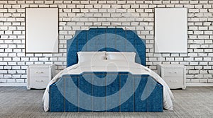 Strange modern design bedroom, brick wall, lack of color, black and white and blue