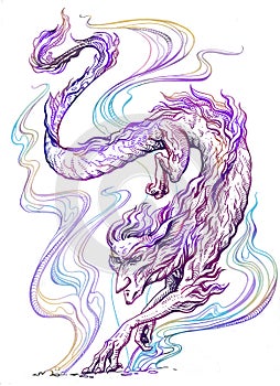 Strange mythical dragon-like beast with a human face