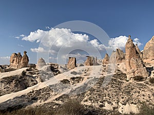 Strange rock formations, such as camel-like features, are located at Cappadocia Tukey. photo