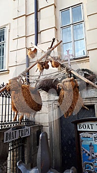 Strange sculpture on the on the Charles Bridge in Prague, Capital of the Czech Republic crossing the River Vlatva.