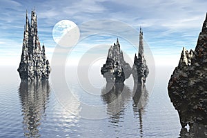 Strange seascape rock moon scene