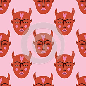 Strange ugly devil faces. Vector clipart Valentine seamless pattern. Red devils. EPS and JPG illustration. Funky doodle