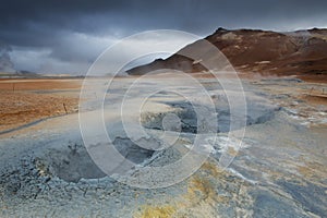 Strangelly colored mud formations at Hverarond area, Iceland