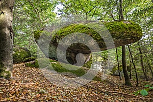 Strangely shaped stone defies gravity artificially placed at cult site Wackelstein Regenstauf in Upper Palatinate Bavaria Germany