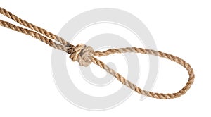 strangle snare knot tied on jute rope isolated photo