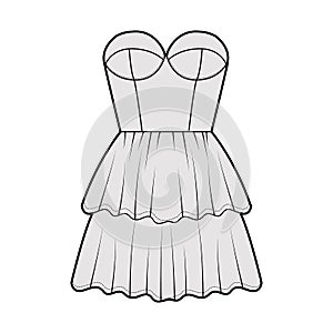 Strapless dress bustier technical fashion illustration with sleeveless, fitted body, 2 row mini length tiered skirt