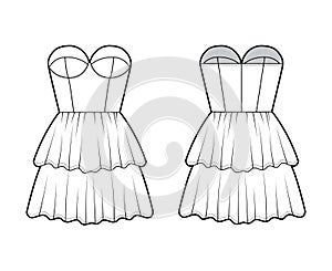 Strapless dress bustier technical fashion illustration with sleeveless, fitted body, 2 row mini length tiered skirt