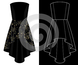 Strapless dress image with white outline silhouette on black