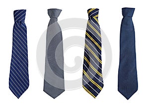 Strapped neckties in different on white background. Top view of striped tie on white background.