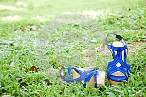 Strappy high heels shoes on grass. photo