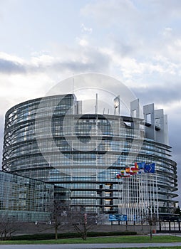 View of the European Union Parlament building and flags of all member states in Strasbourg