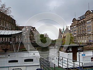 Strasbourg. Boats on the river Ile, in which people live permanently. Boats are like apartments. France 2009.