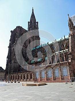 Strasbourg Cathedral with architectural flying buttresses on the roof