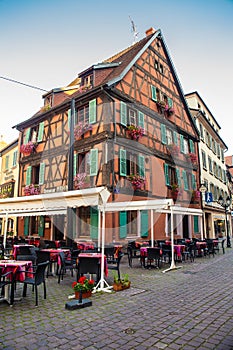 Strasbourg France of charming restaurant with outdoor seating.