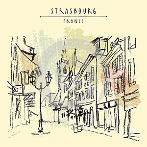 Strasbourg, France, Europe. Pedestrian street in old historic town. French architecture. Hand drawing. Travel sketch. Vintage