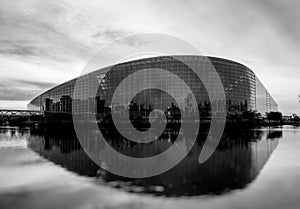 European Parliament building in Strasbourg at dusk