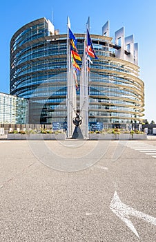 Entrance of the European Parliament building in Strasbourg, France