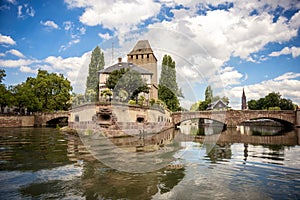 Strasbourg, medieval bridge Ponts Couverts in the tourist area `Petite France`. Alsace, France.