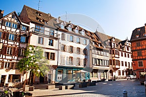 Strasbourg street with traditional French houses, France