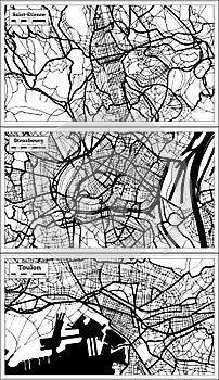 Strasbourg, Toulon and Saint Etienne France Maps Set in Black and White Color