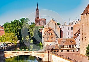 Strasbourg view with Ponts Couverts and cathedral