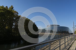 European Parliament in Strasburg on a sunny day, reflection in the river