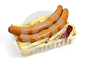 Strasburg Sausages With Ketchup and French Fries against White Background