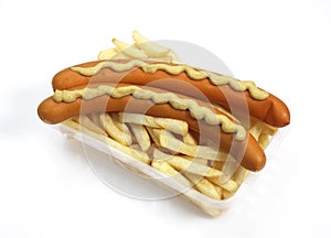 Strasburg Sausages With Mustard and French Fries against White Background