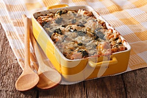 Strata casserole with spinach close up. Horizontal