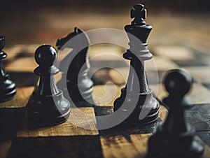 Strategic Chess Game Chess pieces strategically arranged on a wooden chessboard, symbolizing intelligence, competition, and the
