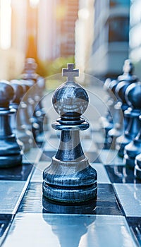 Strategic chess game symbolizing business success on blurred background with copy space