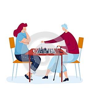 Strategic family chess board game, interesting hobby, fun pastime, design in cartoon style vector illustration, isolated