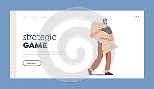 Strategic Game, Planning and Thinking Landing Page Template. Business Strategy Plan, Businessman Character Playing Chess
