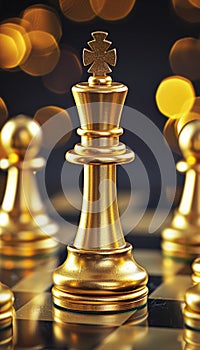 Strategic gameplay with golden chess pieces on board and festive bokeh lights, ideal for text space.