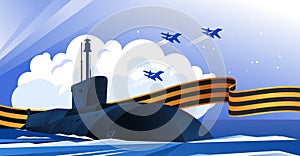 Strategic nuclear missile submarine greeting card. May 9 Victory Day. Vector illustration