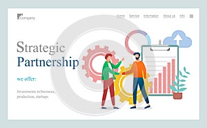 Strategic partnership of businessmen characters landing page template, men partners shake hands